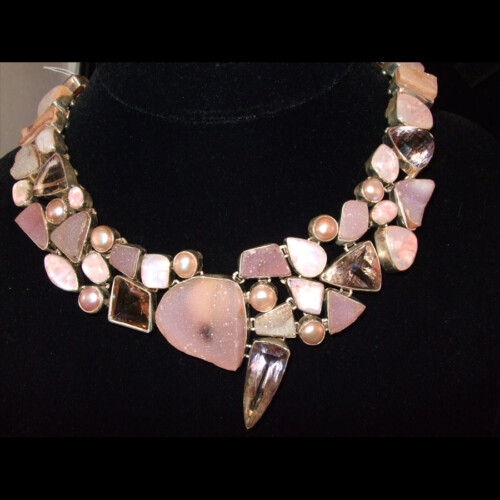 Rose Quartz Druzy, Rose Quartz, Moonstone, Freshwater Pearl and Ametrine Multi-Gemstone Sterling Silver Necklace
