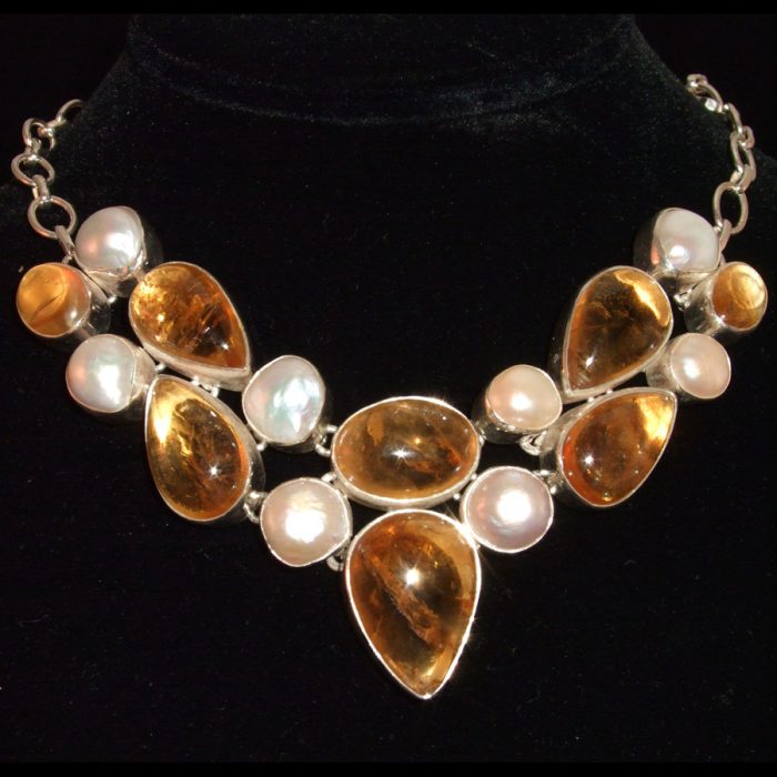Amber and Freshwater Pearl Multi-Gemstone Sterling Silver Necklace