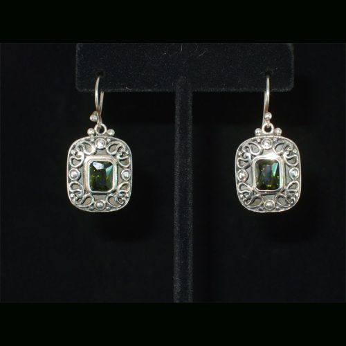 Faceted Green/Gold Quartz Ornate Sterling Silver Dangle Earrings
