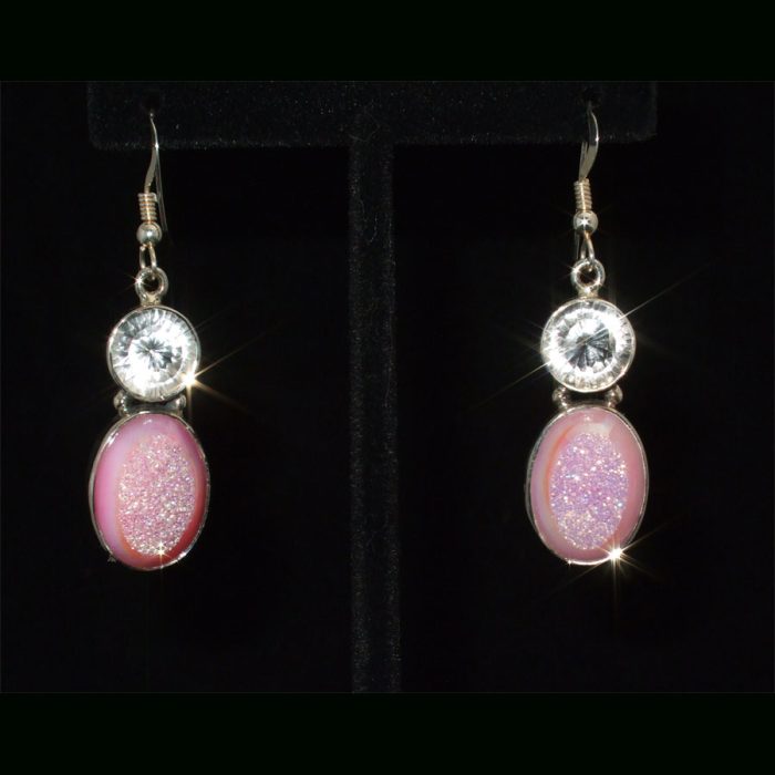 Hot Pink Druzy and White Topaz Sterling Silver  Drop Earrings