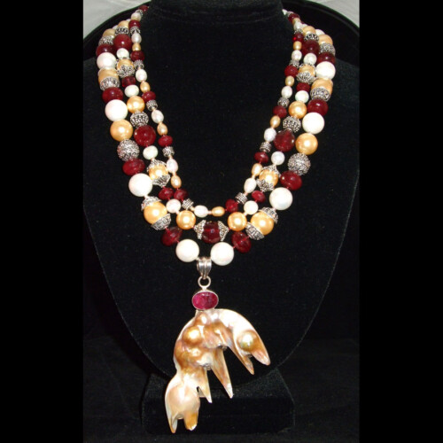 Ruby Quartz, Ruby and Pearl 3 strand hand beaded Necklace