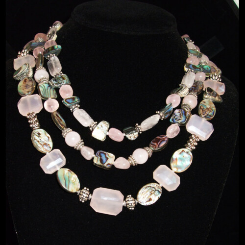 Rose Quartz, Abalone, Sterling Silver 3 strand beaded necklace