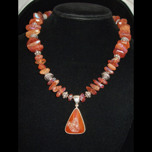 Hessonite Garnet and Sterling Silver Beaded Necklace with Titanium Druzy Pendant