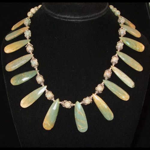Green and Gold Jasper Teardrop Hand beaded, handmade Sterling Silver Necklace