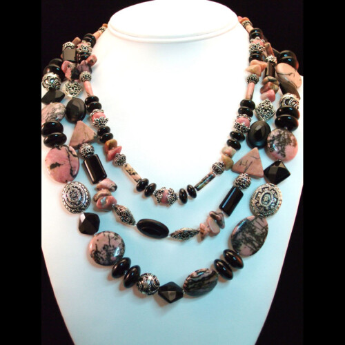 Rhodonite, Black Onyx and Sterling Silver Triple Strand Beaded Necklace