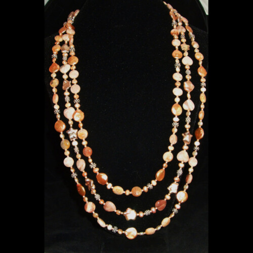 Peach Freshwater Pearl, Sunstone, Sterling Silver 3 strand hand beaded necklace
