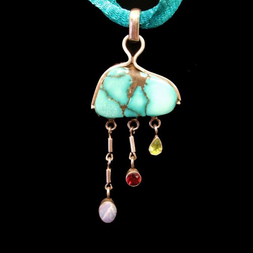 Turquoise Sterling Silver Pendant with Opal, Garnet, Peridot Stones