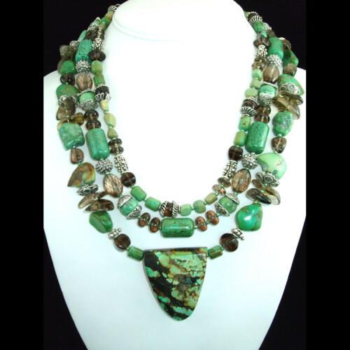 Turquoise, Smoky Quartz, Sterling Silver, Triple Strand hand beaded Necklace