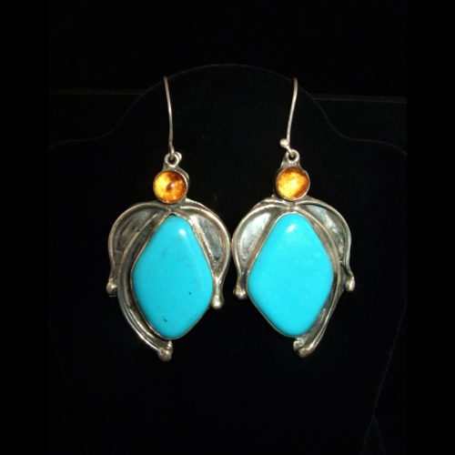 Turquoise, Amber Sterling Silver Drop Earrings