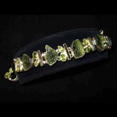 Moldavite, Peridot, Tourmaline Sterling Silver Bracelet