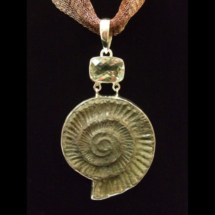 Pyritized Ammonite, Green Amethyst Sterling Silver Pendant