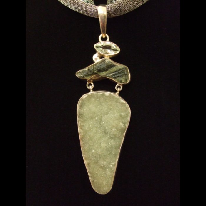 Moldavite,Green Amethyst, Druzy Quartz Sterling Silver Pendant