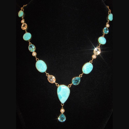 Larimar, Blue Topaz, Pearl Gemstone Sterling Silver necklace
