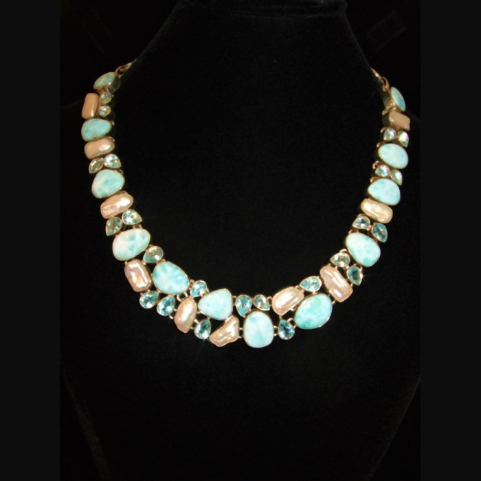 Larimar, Blue Topaz. Freshwater Pearl artisan Sterling Silver necklace