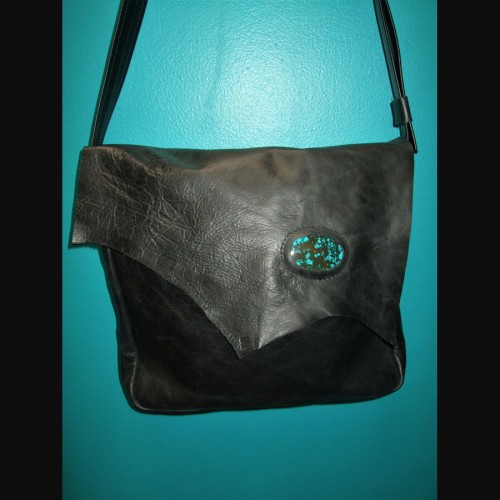 Black Leather Pony Express Bag with Turquoise Stone