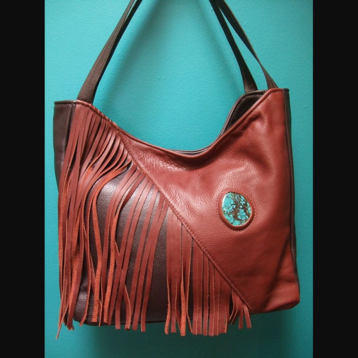 Brown & Cordovan Leather Fringe Handbag with Turquoise Stone