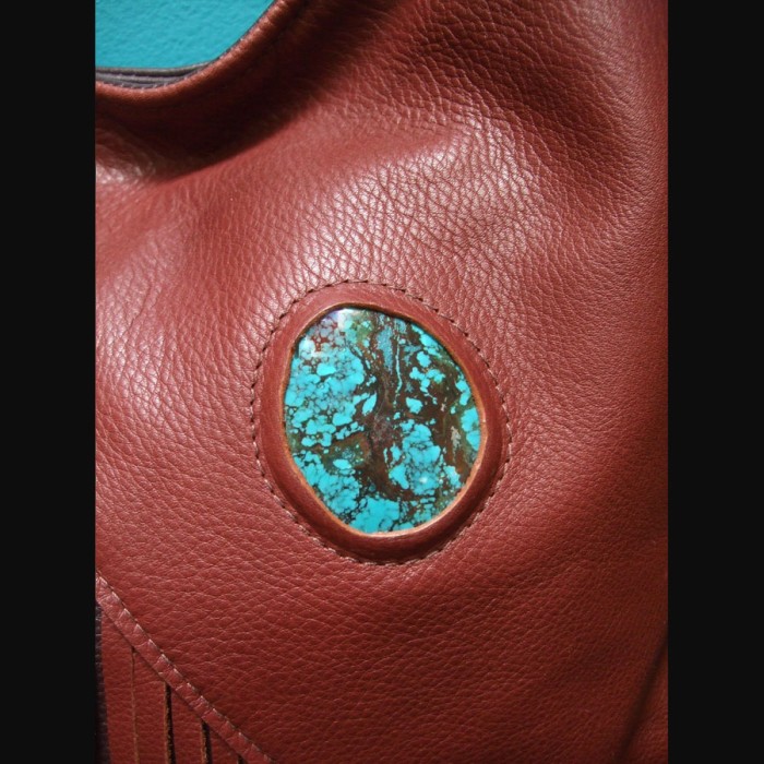 Brown & Cordovan Leather Fringe Handbag with Turquoise Stone