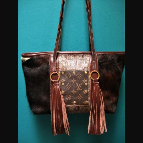 Dark Brown Leather Handbag with Louis Vitton patch and tassels