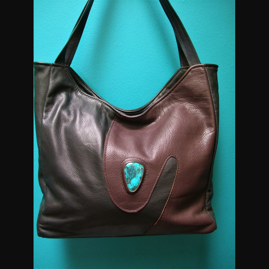 Black & Cordovan Leather Shoulder Bag with Turquoise Stone