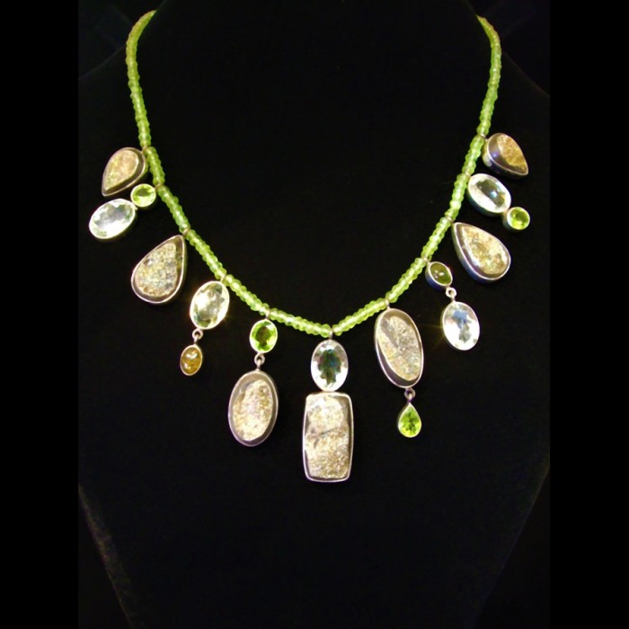 Green Amethyst, Peridot, Druzy Quartz Artisan Necklace